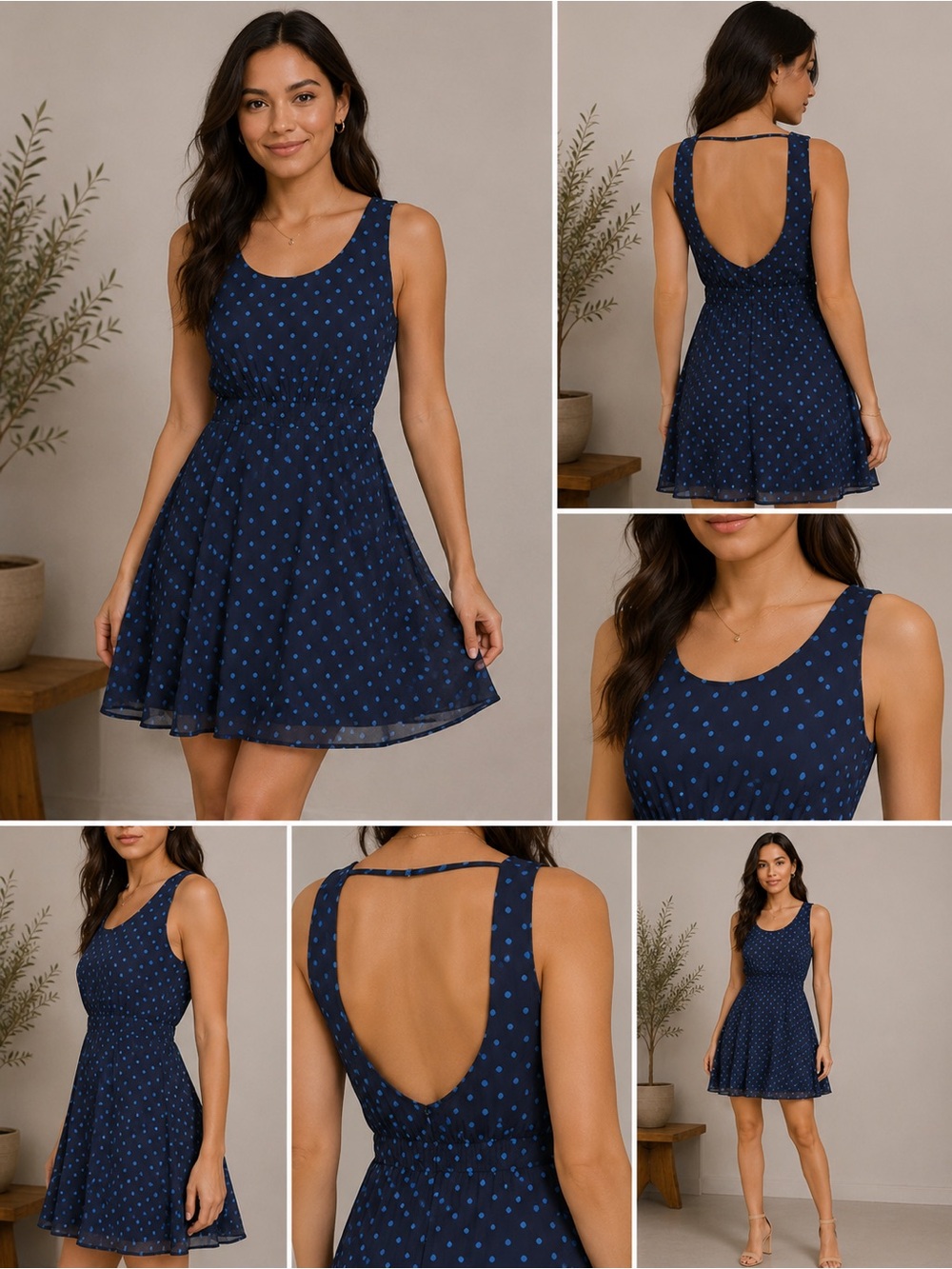 Forever 21 Navy Blue Polka Dot Scooped neckline Backless Skater Dress